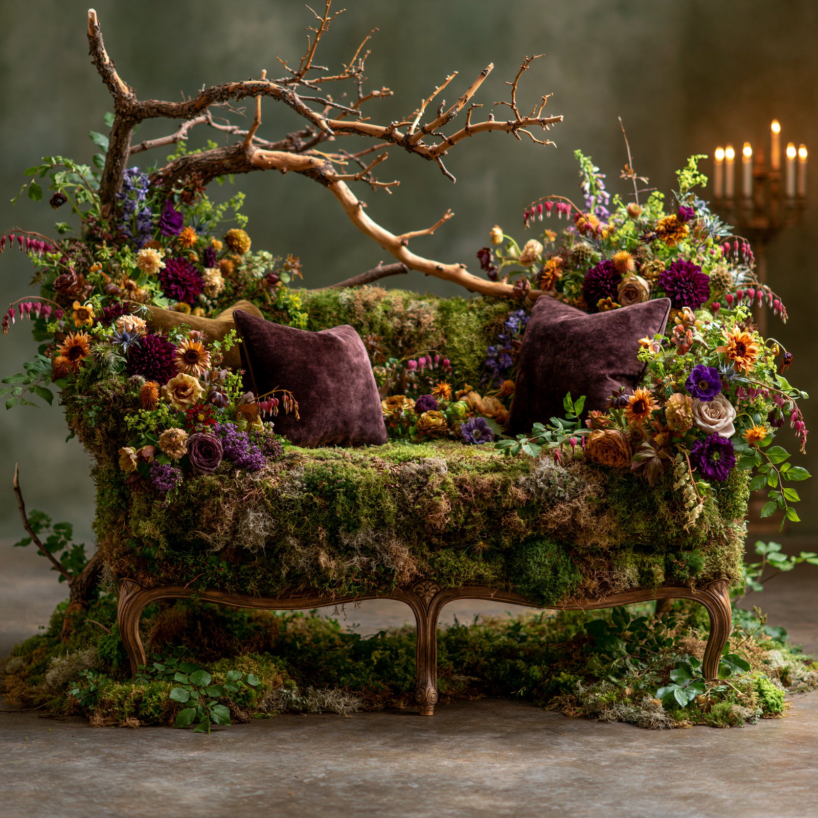 Botanical settee sculpture with moss upholstery, plum velvet pillows and autumn dahlias under an arching branch