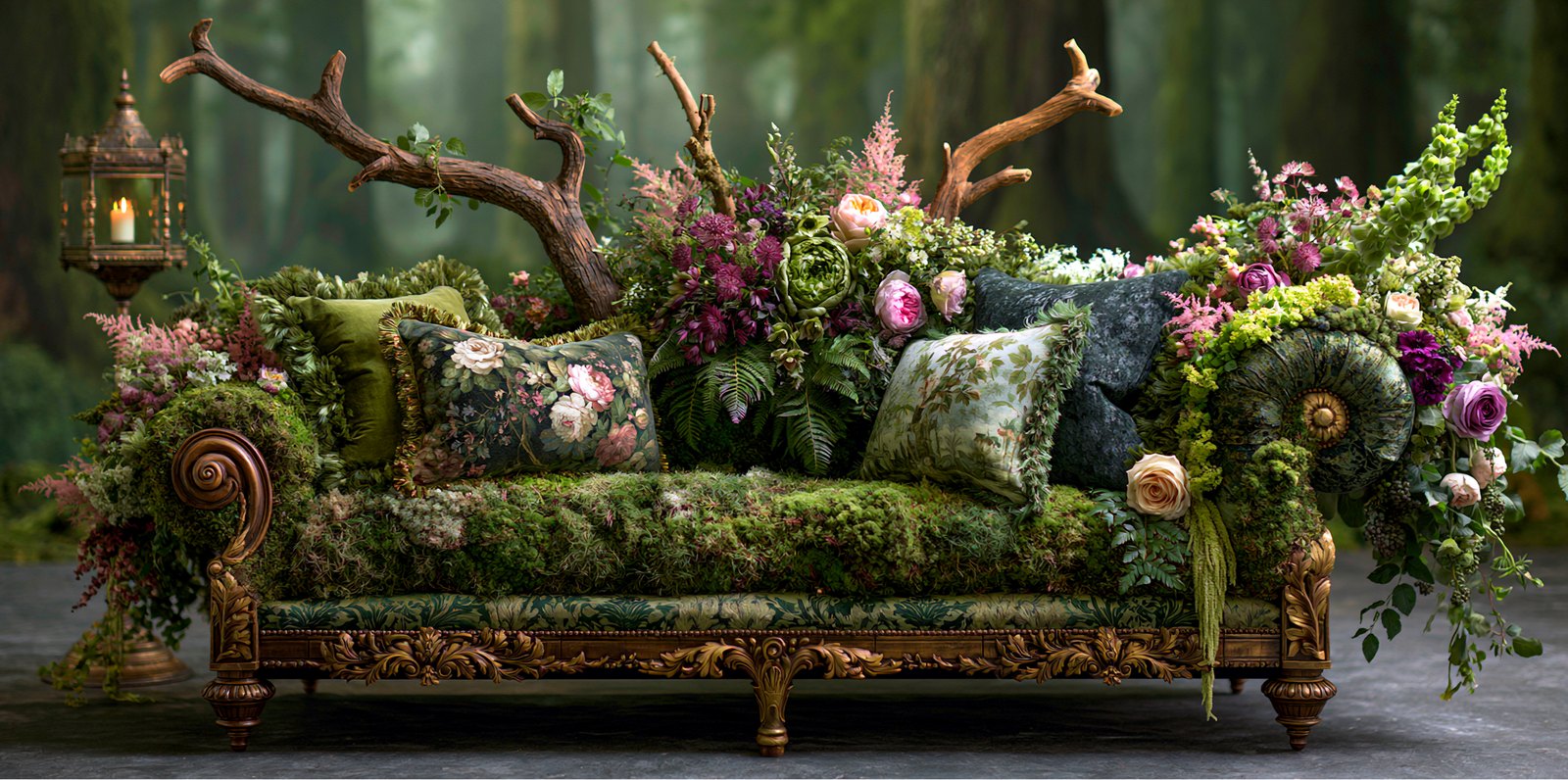 Baroque carved sofa in a forest, upholstered in moss with floral tapestry pillows and an antique lantern