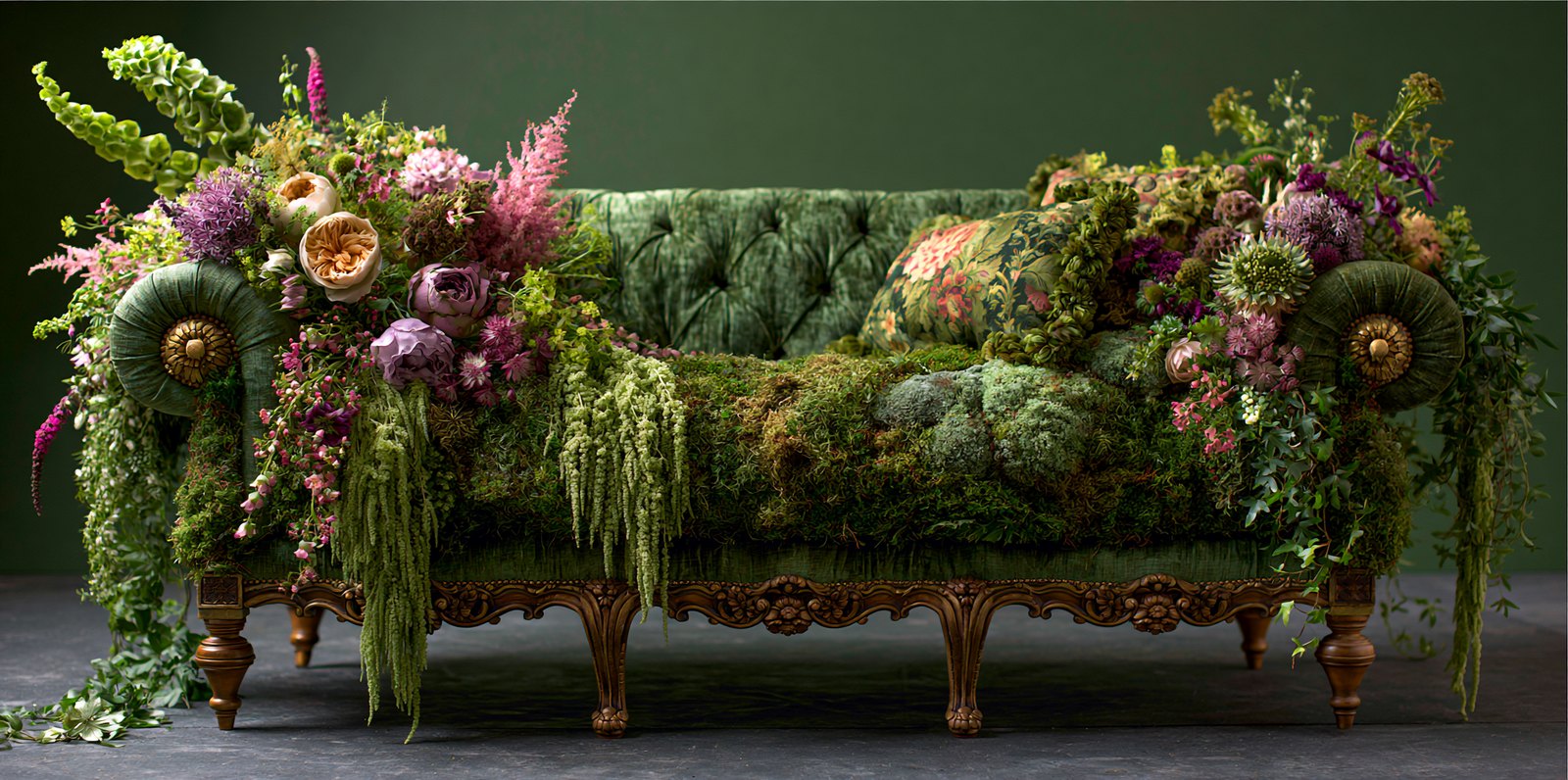 Emerald tufted velvet sofa overtaken by moss, peonies and cascading amaranthus